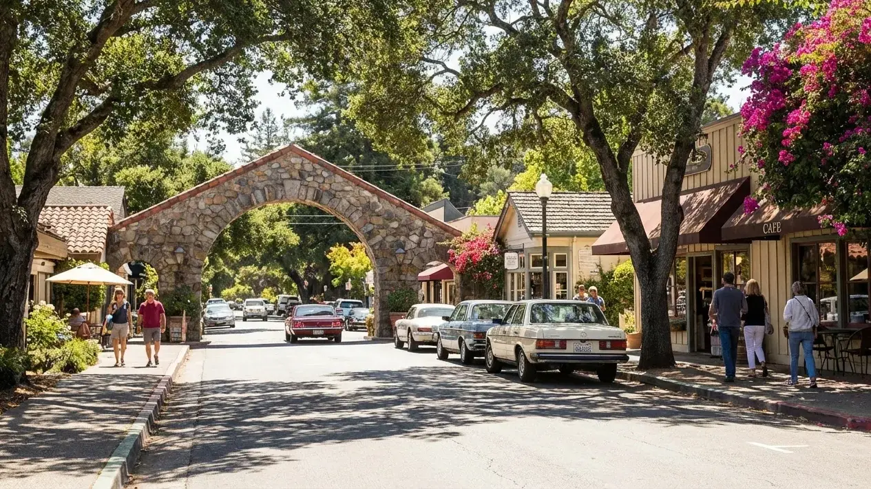 Historic fieldstone arch over the street at Ross Common on a sunny day, oak canopy, sidewalk cafe, vintage cars, and pedestrians