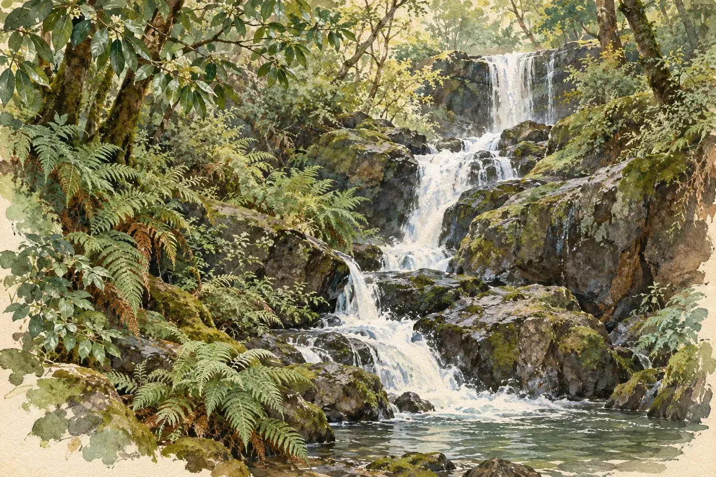 Painterly illustration of small cascades over mossy rocks in a fern-lined woodland ravine