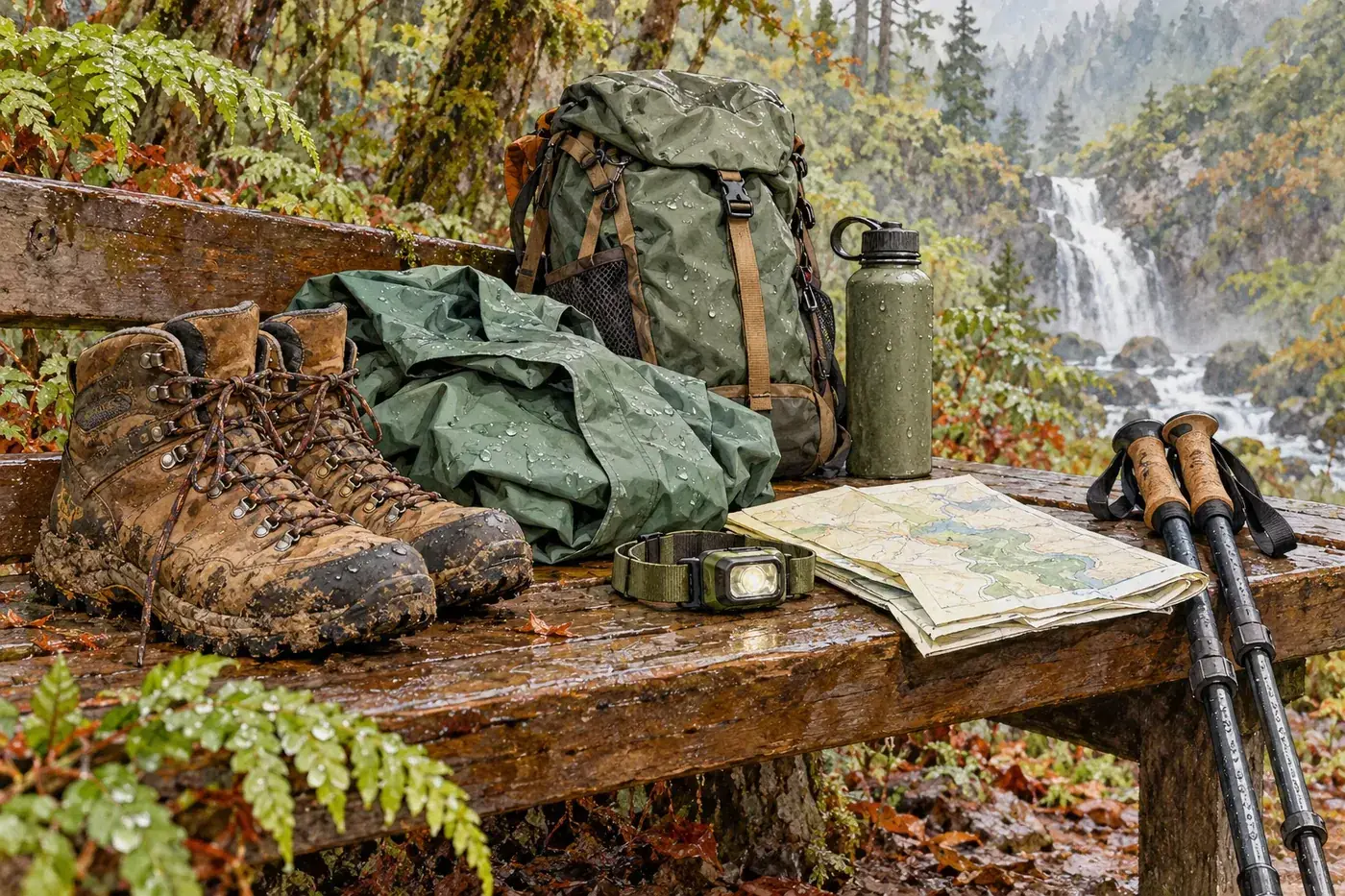 Illustrated hiking kit with sturdy boots, rain shell, backpack, poles, water bottle, map, and headlamp