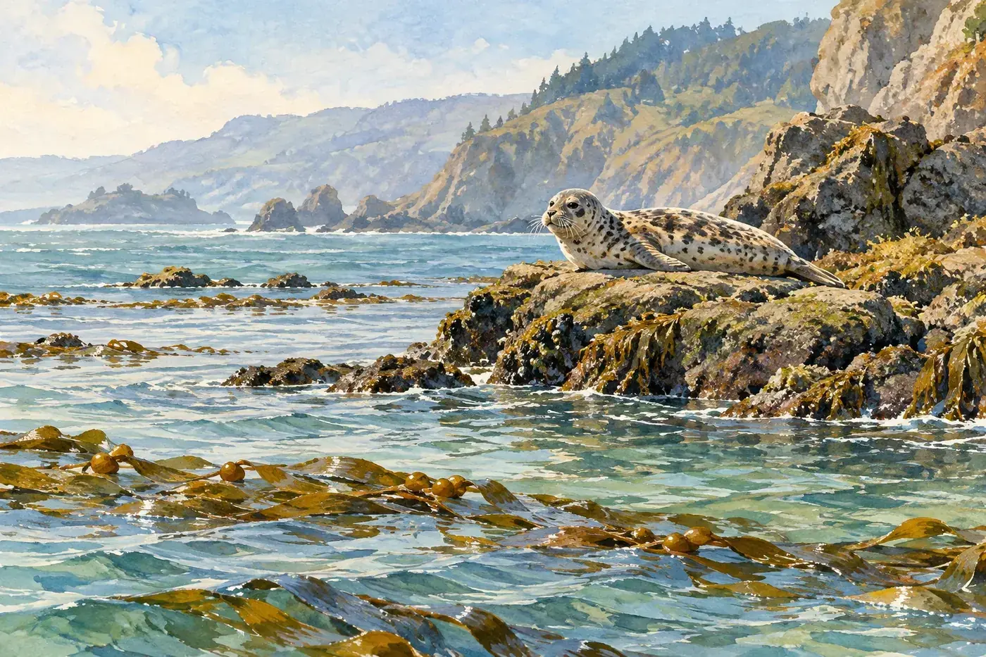 Watercolor-style illustration of a spotted harbor seal resting beside Pacific waters