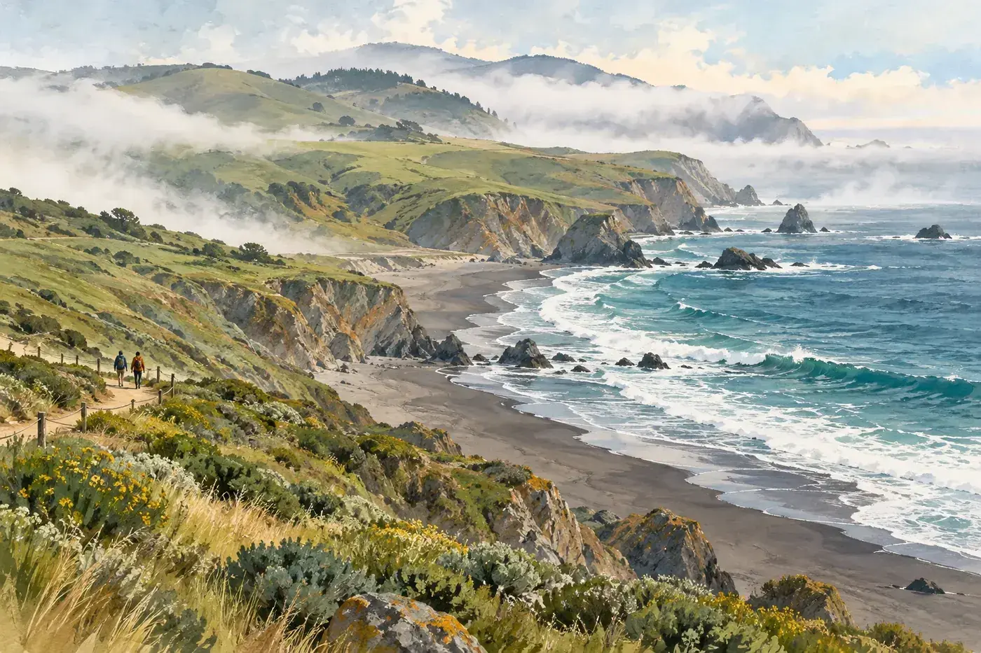Painterly coastal scene with grassy Marin-like headlands, a broad cove, and drifting fog