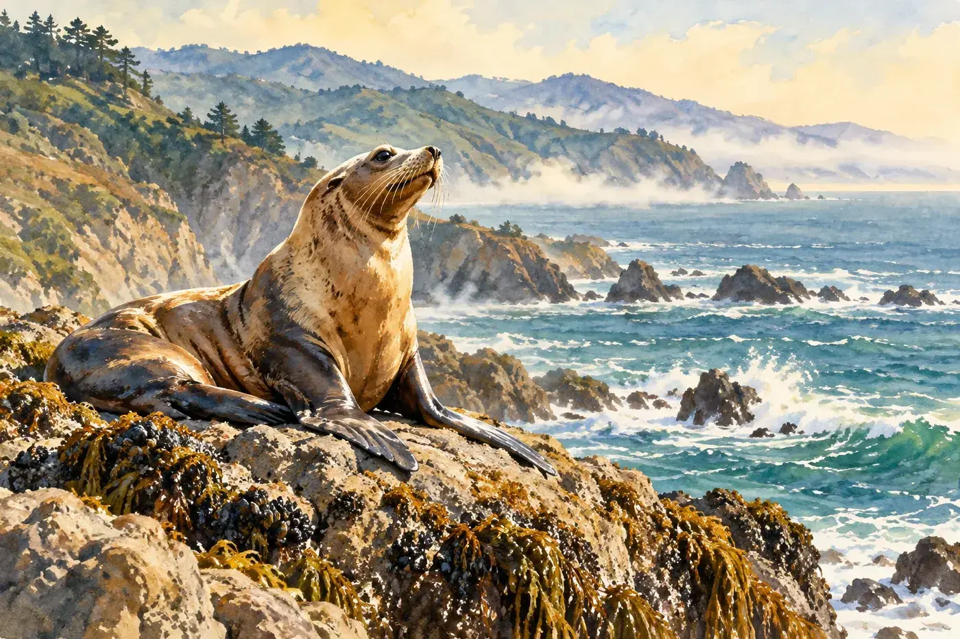 Painterly illustration of a California sea lion resting on a coastal rock