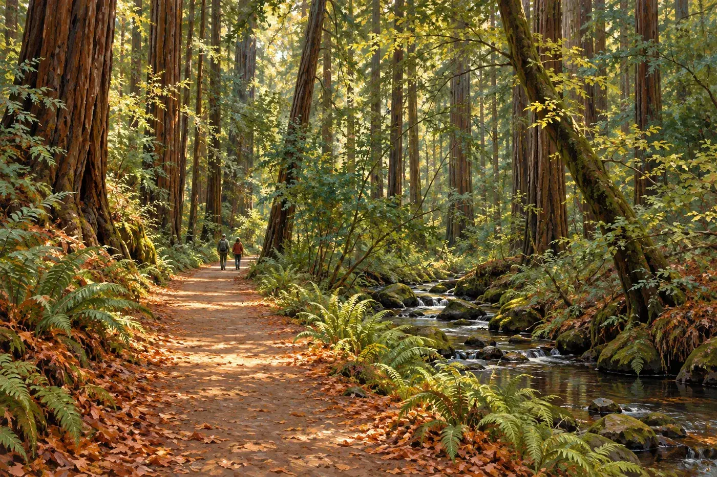 Illustration of two walkers on a shaded woodland path beside a creek