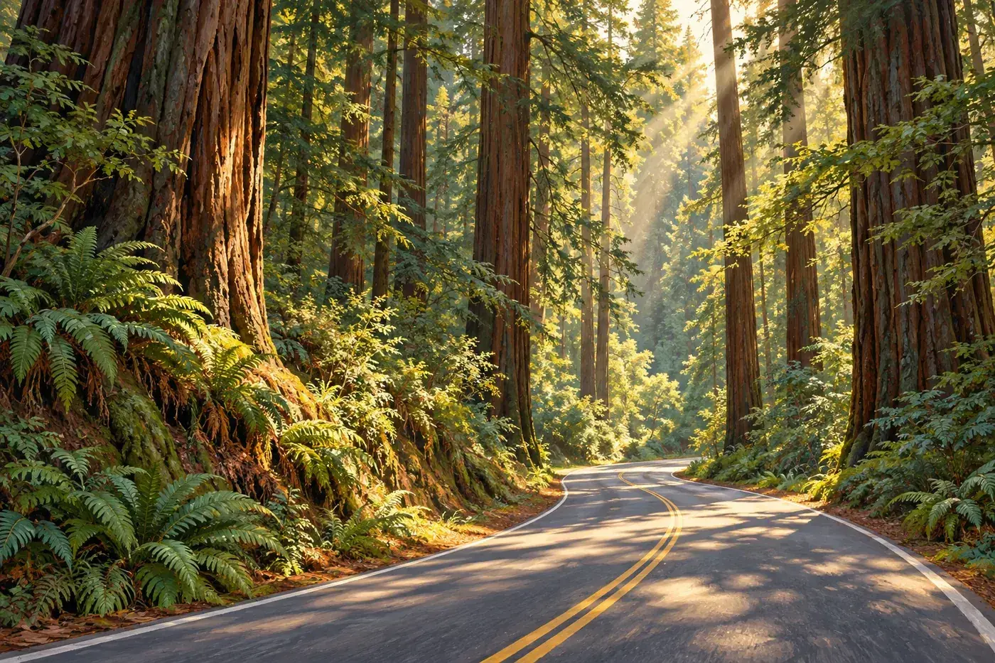 Painterly illustration of a winding road beneath towering redwood trees