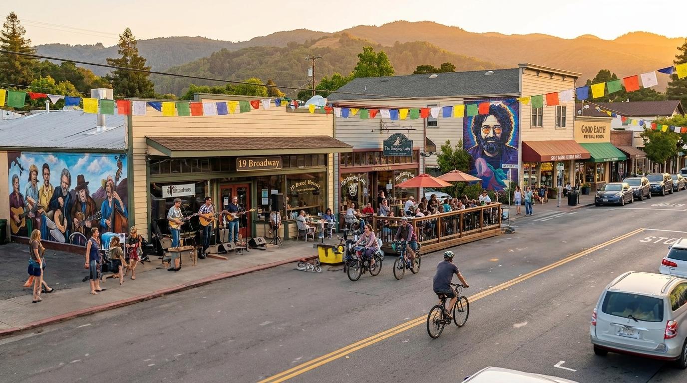 Broadway Fairfax: 19 Broadway, prayer flags, Jerry Garcia mural, patios and bikes