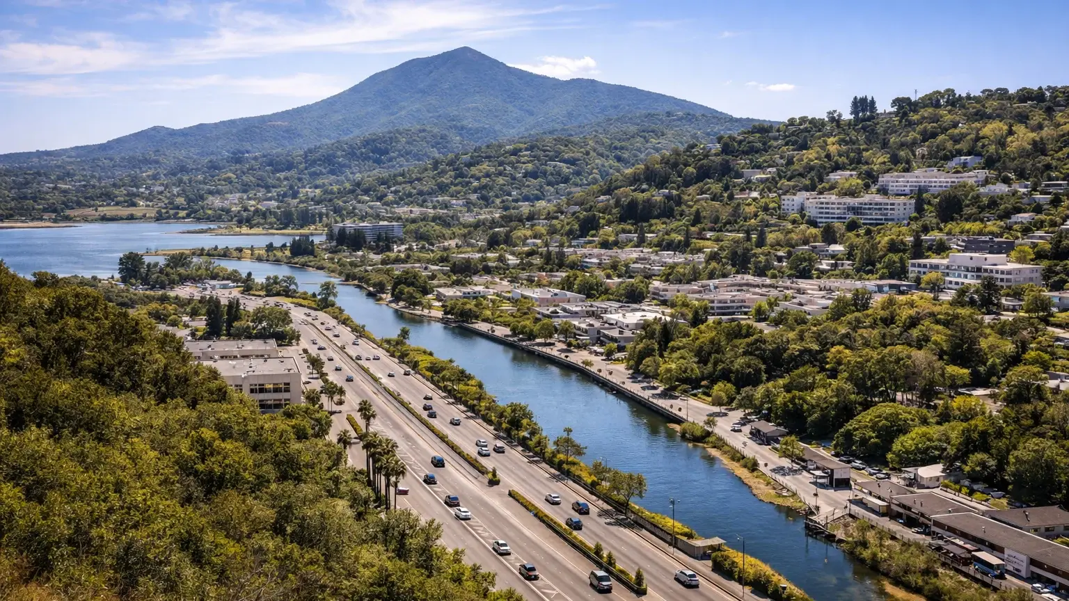 Sunny elevated view of Greenbrae with Corte Madera Creek, Sir Francis Drake Boulevard and traffic, Mount Tamalpais, and MarinHealth Medical Center among the trees