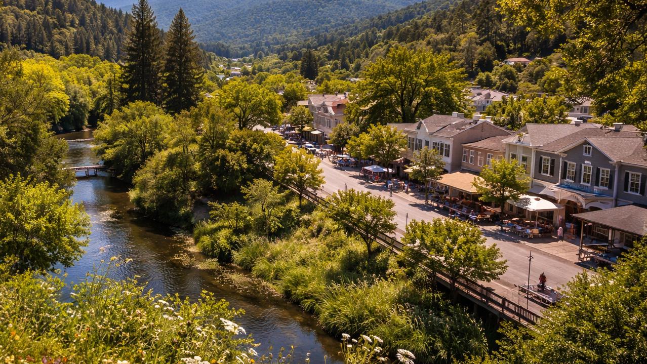 Elevated view of Larkspur downtown along the creek with outdoor cafe seating, a small footbridge, and forested hills