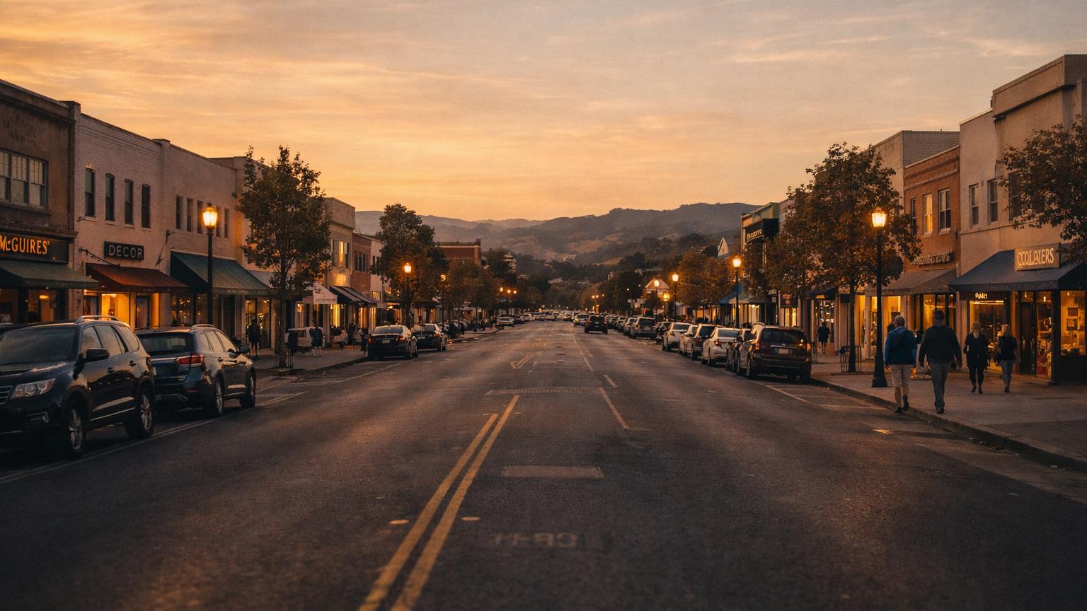 Grant Avenue, downtown Novato at sunset
