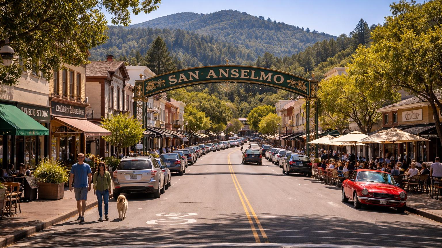 Sunny downtown San Anselmo beneath the green San Anselmo Avenue arch