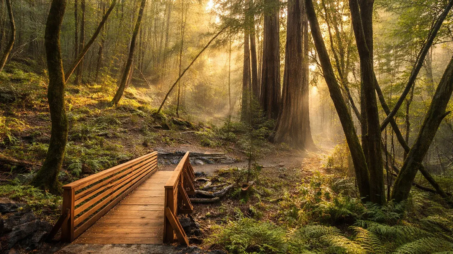 Footbridge into misty redwoods at Roy's Redwoods, San Geronimo Valley