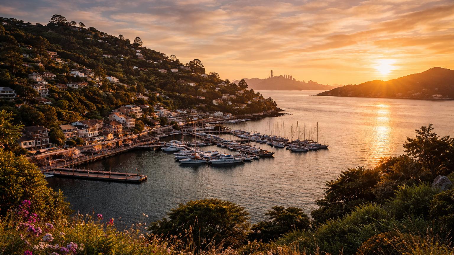 Sunset over Tiburon marina and hillside homes with the San Francisco skyline and Golden Gate Bridge silhouetted across the bay