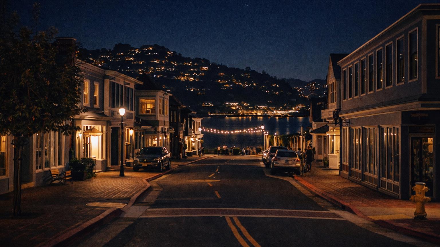 Main Street Tiburon at night, lit shopfronts and streetlamps leading toward the bay with Belvedere lights across the water