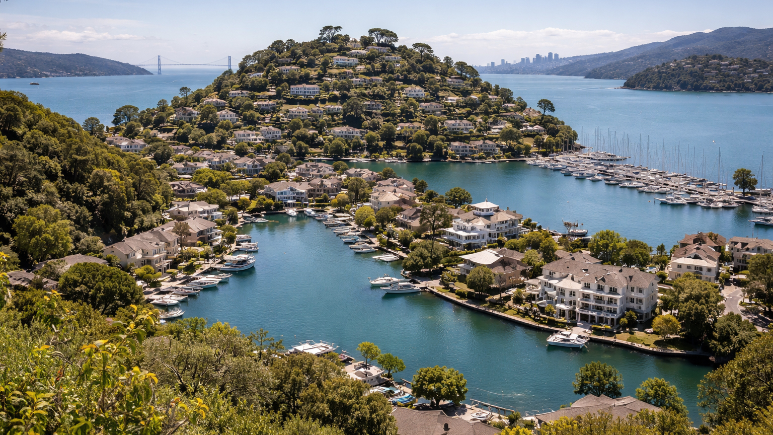 Belvedere Island waterfront, lagoon, and bay panoramas