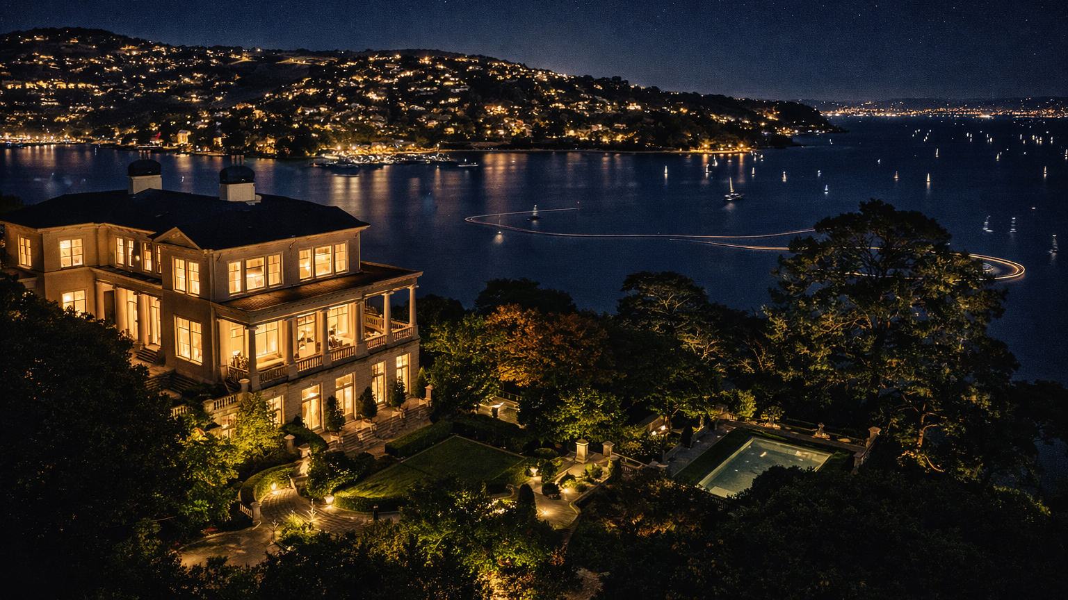 Belvedere lagoon, bayfront estates, and Tiburon skyline views