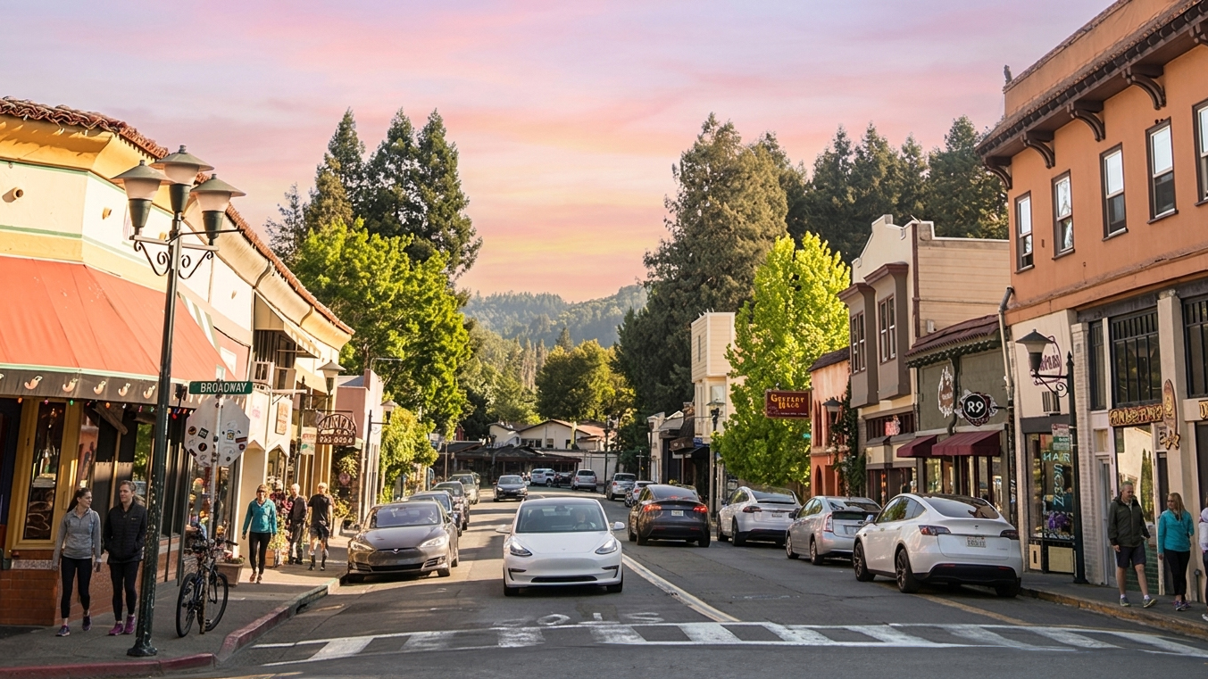 Broadway in downtown Fairfax, historic storefronts and wooded ridges ahead