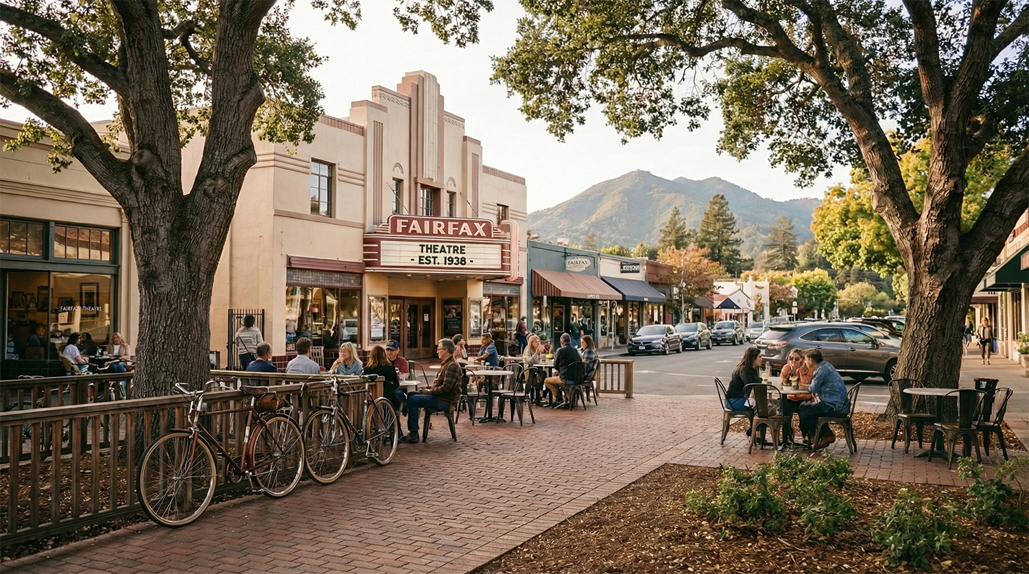 Fairfax town center, indie culture, and redwood-adjacent Marin