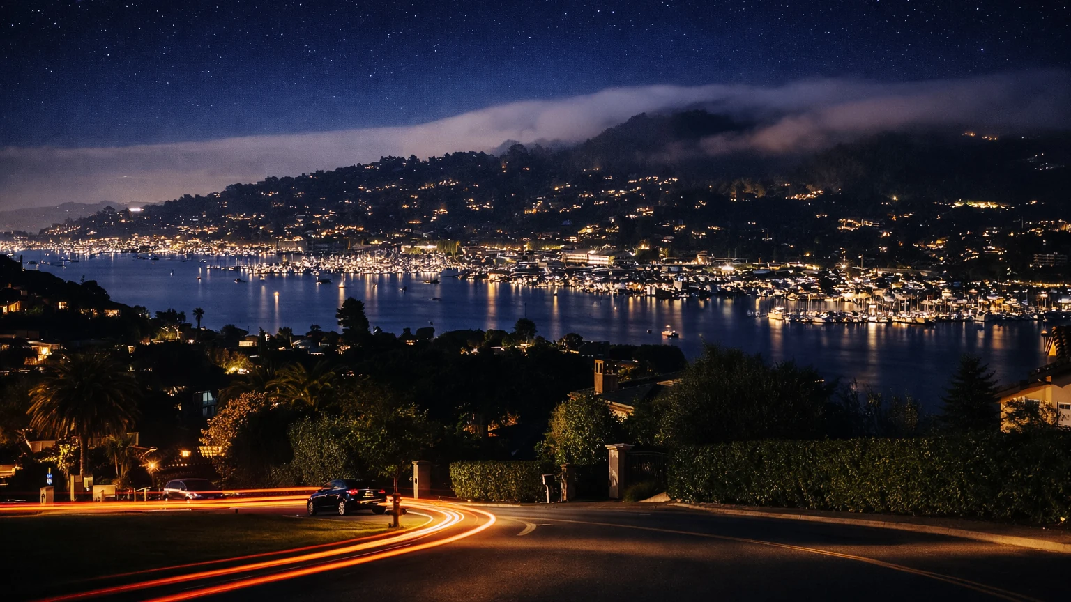 Night long exposure in Greenbrae over the water with lit marinas, hillside house lights, a curving road with tail-light streaks, and stars above low fog