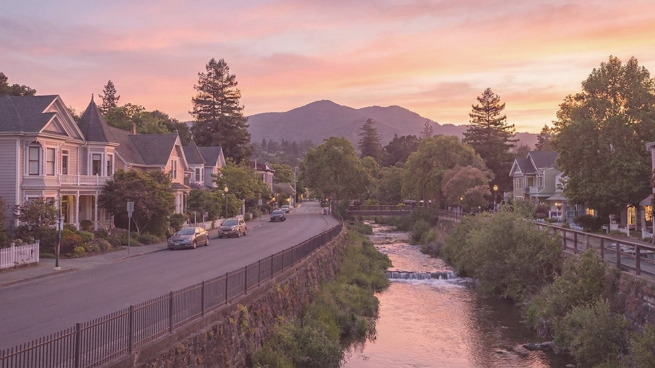 Victorian homes beside the creek at golden hour in Larkspur, stepped water and reflections, trees, and Mount Tamalpais on the horizon