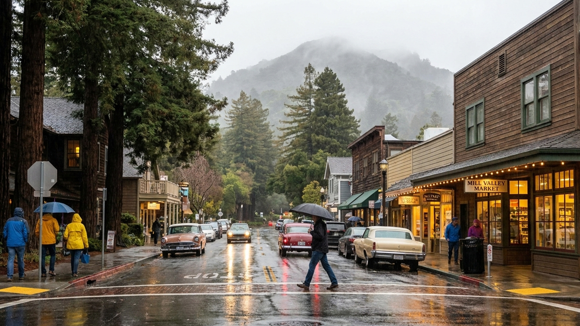 Mill Valley downtown and redwood town character