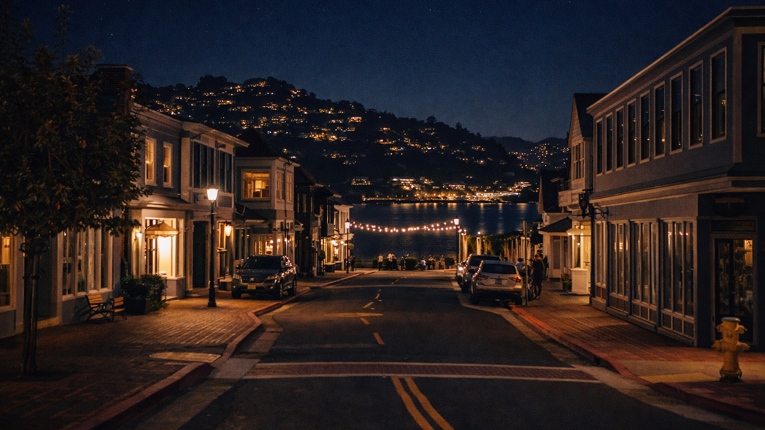 Main Street Tiburon at night, lit shopfronts and streetlamps leading toward the bay with Belvedere lights across the water